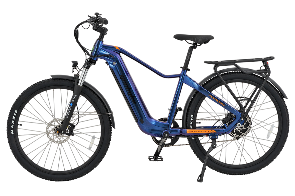 GeoByke Cruiser High Step E-Bike – 750W electric bike with 840Wh battery, high-step frame, 4-piston hydraulic brakes, SRAM 10-speed gears, rear rack, and gel seat for long-range touring