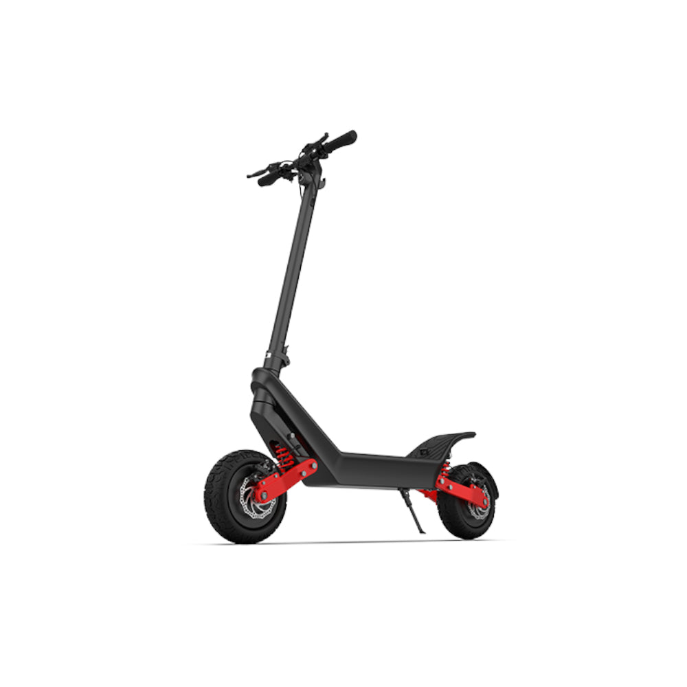 EMVC Adventure Scooter with dual 1200W motors, 11-inch off-road tires, front and rear suspension, foldable frame, and long-range lithium battery