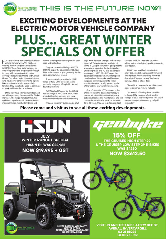 Newspaper advertorial featuring EMVC and GeoByke’s winter specials, showcasing electric bikes and HISUN UTVs designed for Southland conditions.