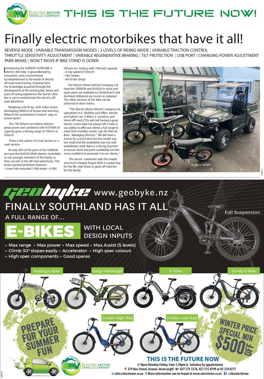 SURRON Ultra Bee X and Kugoo Wish electric motorbikes at The Electric Motor Vehicle Company showroom – featured in Southland Express with images of both models in stock