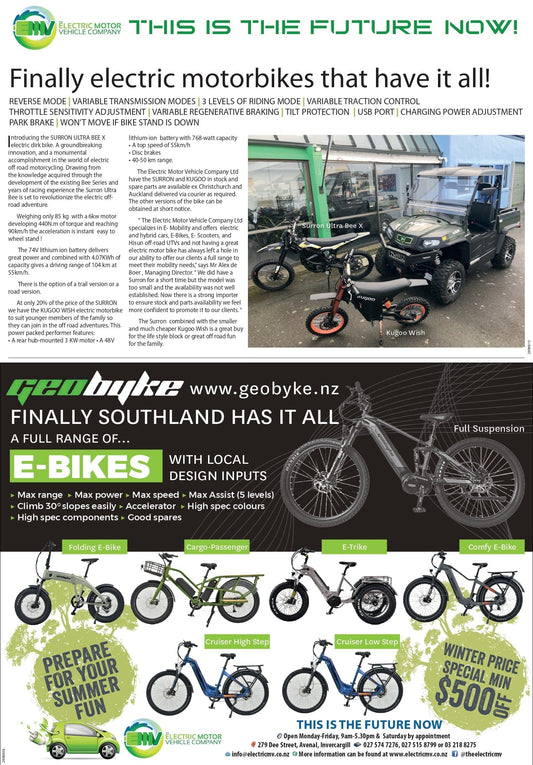 SURRON Ultra Bee X and Kugoo Wish electric motorbikes at The Electric Motor Vehicle Company showroom – featured in Southland Express with images of both models in stock