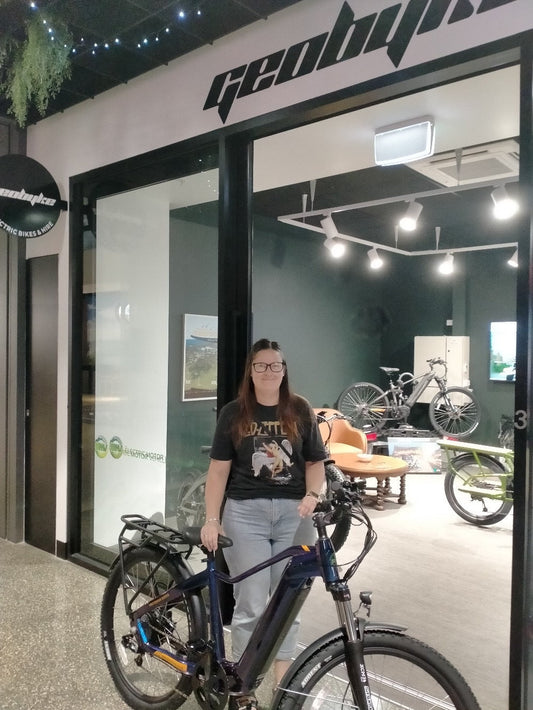 Bluff winner Jennifer Kapene with her new GeoByke electric bike, awarded in the Christmas giveaway at Invercargill Central